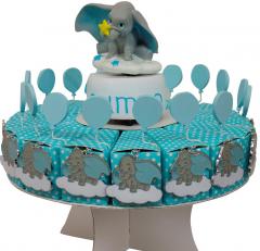 BOMBONIERA TORTA con 18 Scatoline Portaconfetti con magnete e Carillon DISNEY DUMBO celeste