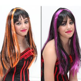 FANTASTICA PARRUCCA BICOLORE ARANCIONE E NERA / VIOLA E NERA - CARNEVALE , FESTE A TEMA , PARTY