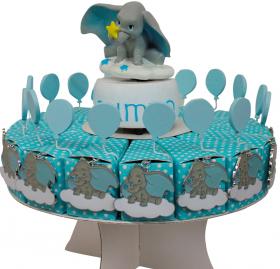 BOMBONIERA TORTA con 18 Scatoline Portaconfetti con magnete e Carillon DISNEY DUMBO celeste