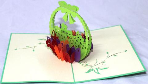 BIGLIETTO AUGURI - ORIGAMI - CESTINO FIORI