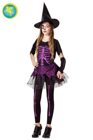 VESTITO COSTUME Maschera di CARNEVALE / HALLOWEEN Bambina SCHELETRINA FUXIA
