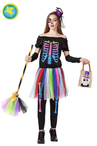 VESTITO COSTUME Maschera di CARNEVALE  HALLOWEEN Bambina SCHELETRINA MULTICOLORE