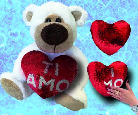PELUCHE ORSO BIANCO SAN VALENTINO CON CUORE Girabrilla E SCRITTA "TI AMO" 30 cm