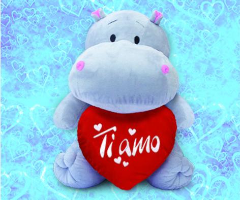 PELUCHE IPPOPOTAMO SAN VALENTINO CON CUORE E SCRITTA "TI AMO" 40 cm
