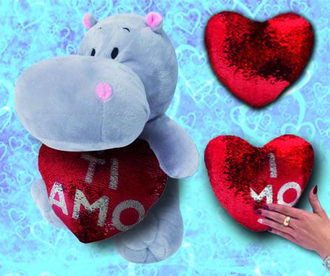 PELUCHE IPPOPOTAMO BIANCO SAN VALENTINO CON CUORE Girabrilla E SCRITTA "TI AMO" 30 cm