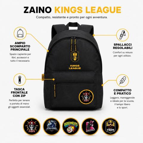 Zaino Kings League Nero con Logo Ufficiale, Tasca Frontale con Zip