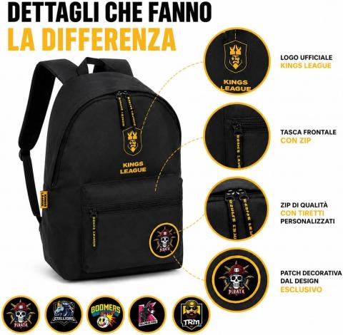 Zaino Kings League Nero con Logo Ufficiale, Tasca Frontale con Zip