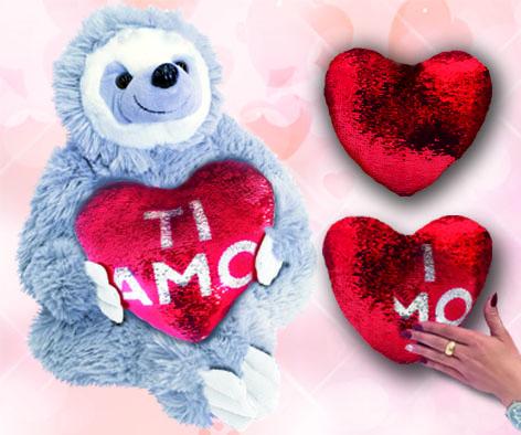 PELUCHE BRADIPO SAN VALENTINO CON CUORE Girabrilla E SCRITTA "TI AMO" 30 cm