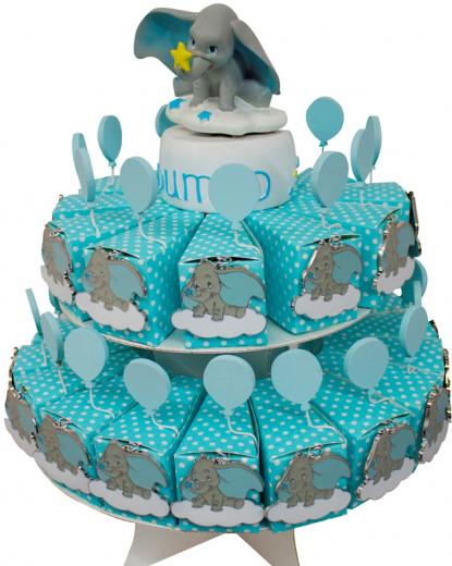 BOMBONIERA TORTA con 29 Scatoline Portaconfetti con magnete e Carillon DISNEY DUMBO celeste