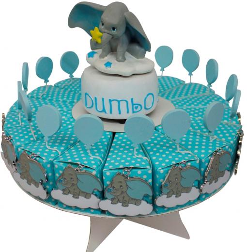 BOMBONIERA TORTA con 18 Scatoline Portaconfetti con magnete e Carillon DISNEY DUMBO celeste