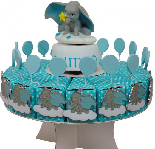 BOMBONIERA TORTA con 18 Scatoline Portaconfetti con magnete e Carillon DISNEY DUMBO celeste