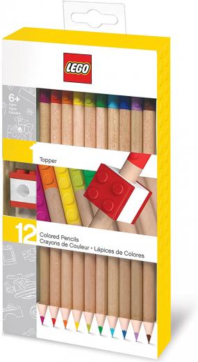 LEGO - Set di cancelleria da 12 Matite Colorate con Toppers New Brick