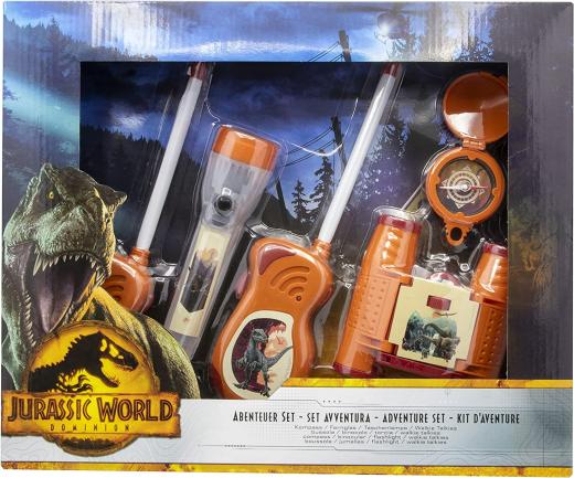 SET AVVENTURA JURASSIC WORLD - BUSSOLA  TORCIA  BINOCOLO e  WALKIE TALKIES