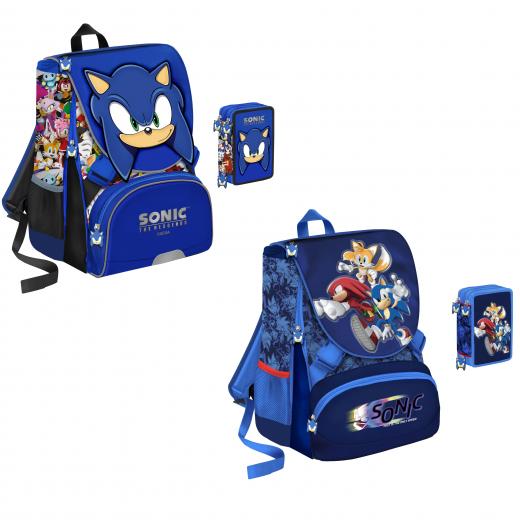 ZAINO Scuola Estensibile piu' Astuccio 3 zip completo di 45 pezzi - SONIC