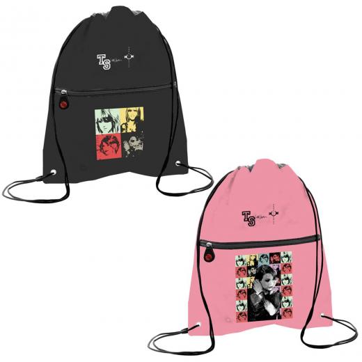 Sacca Sportiva Taylor Swift, con Coulisse, Disegno Artistico, Nero e Rosa, con Tasca con Cerniera