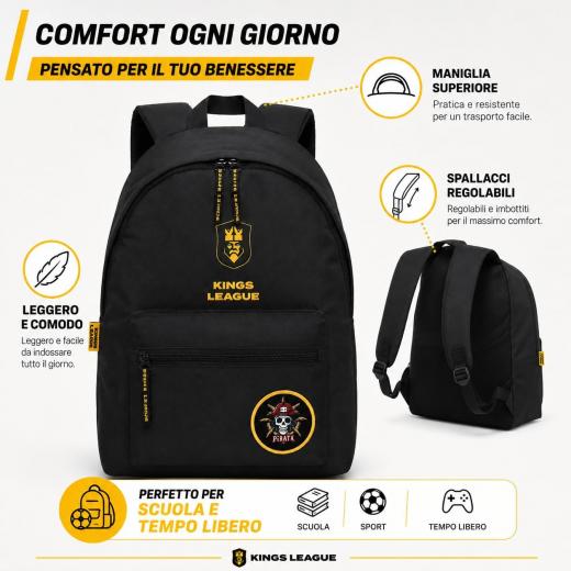 Zaino Kings League Nero con Logo Ufficiale, Tasca Frontale con Zip