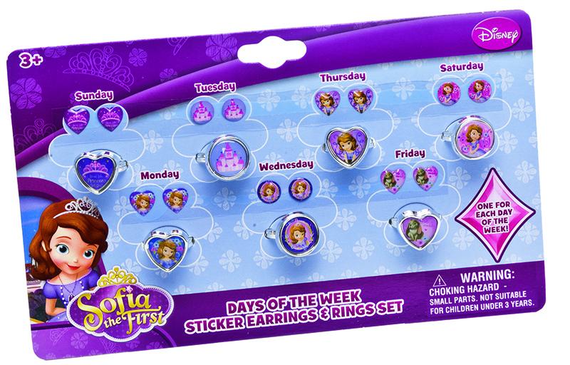 FANTASTICO SET - 7 Paia di Orecchini Adesivi e 7 Anelli DISNEY Principessa SOFIA