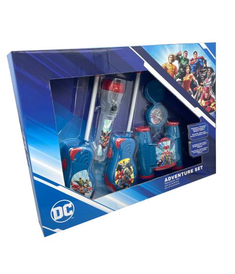 SET AVVENTURA DC Comics BATMAN FLASCH SUPERMAN - BUSSOLA  TORCIA  BINOCOLO e  WALKIE TALKIES