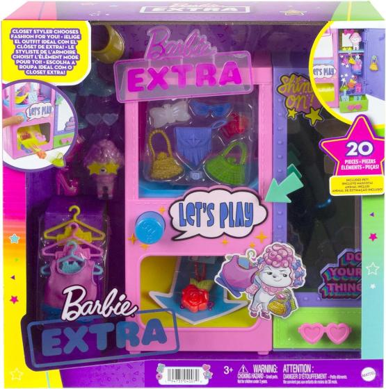 Barbie - Extra Moda a Sorpresa Playset con 20 Accessori, tra cui un Barboncino, un Guardaroba e Pulsante per Prendere gli Access