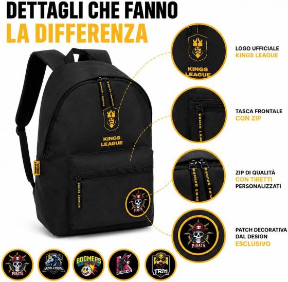 Zaino Kings League Nero con Logo Ufficiale, Tasca Frontale con Zip